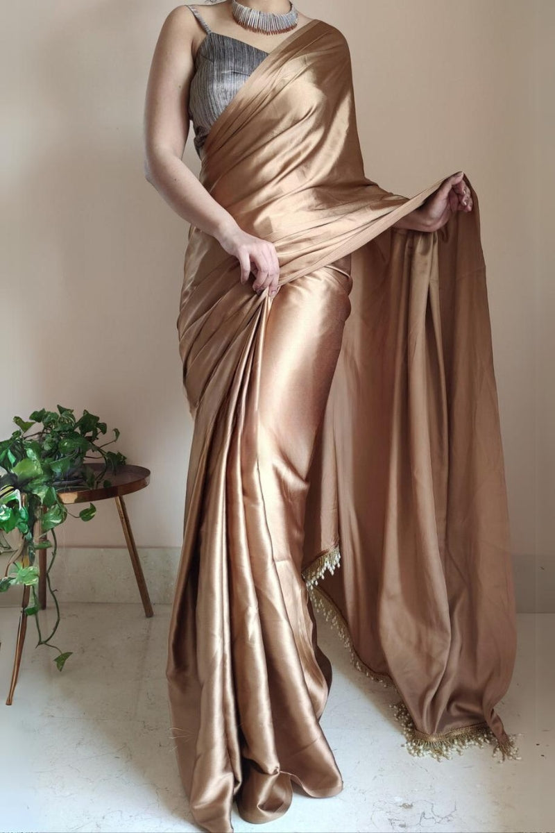 1-MIN READY TO WEAR    Golden Brown Satin Silk Saree With  Handmade Tassels On Pallu