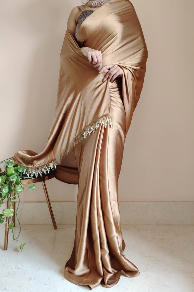 1-MIN READY TO WEAR    Golden Brown Satin Silk Saree With  Handmade Tassels On Pallu