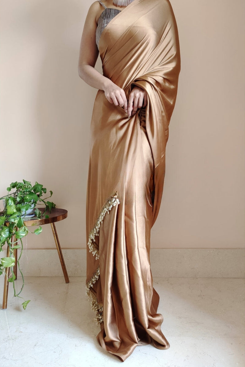 1-MIN READY TO WEAR    Golden Brown Satin Silk Saree With  Handmade Tassels On Pallu