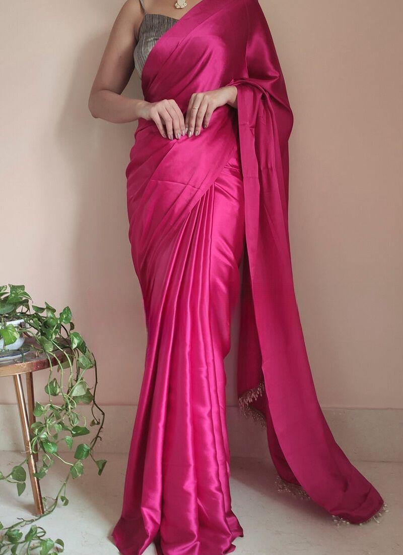 1-Minute Ready To Wear Hot Pink Satin Silk Saree