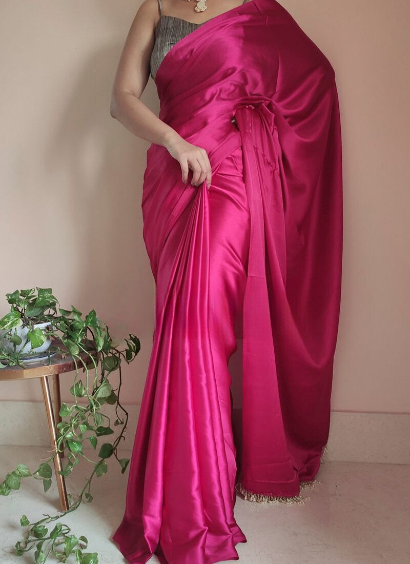 1-Minute Ready To Wear Hot Pink Satin Silk Saree