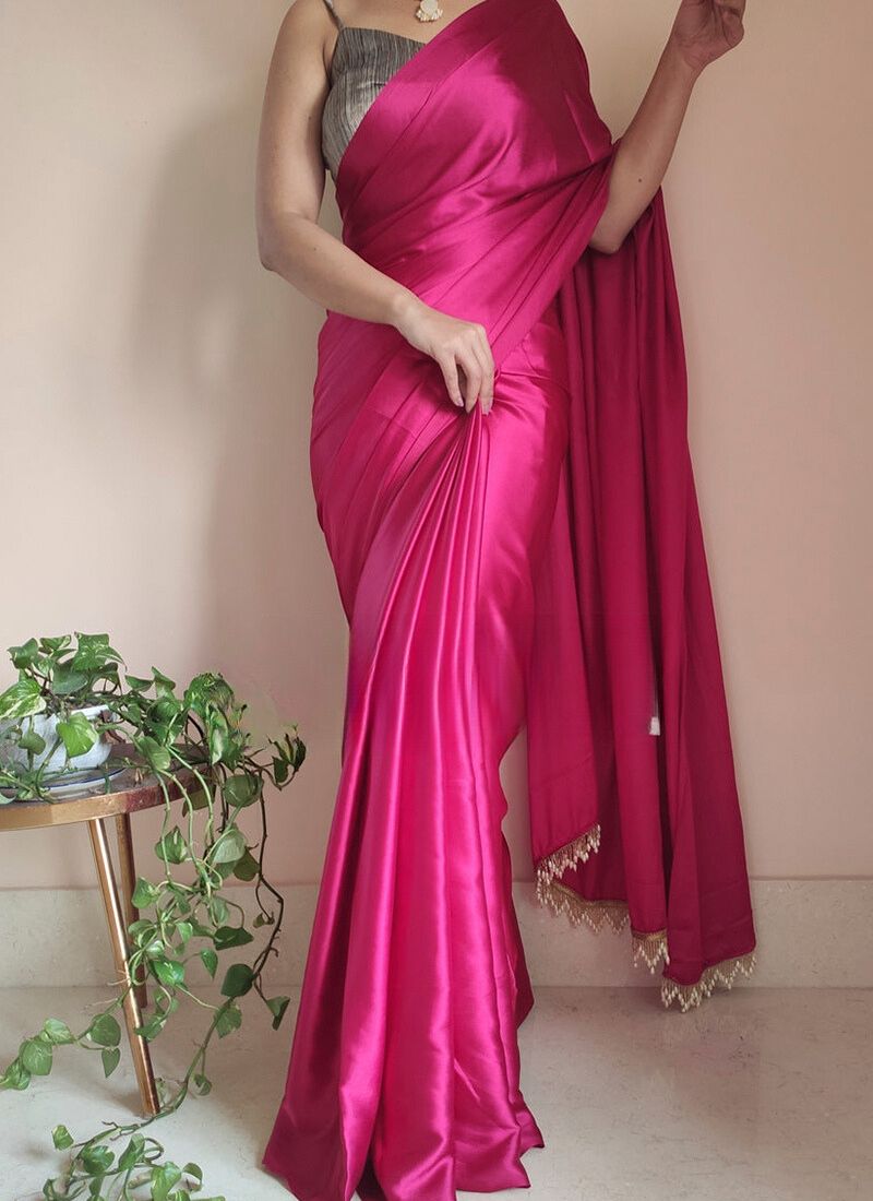 1-Minute Ready To Wear Hot Pink Satin Silk Saree