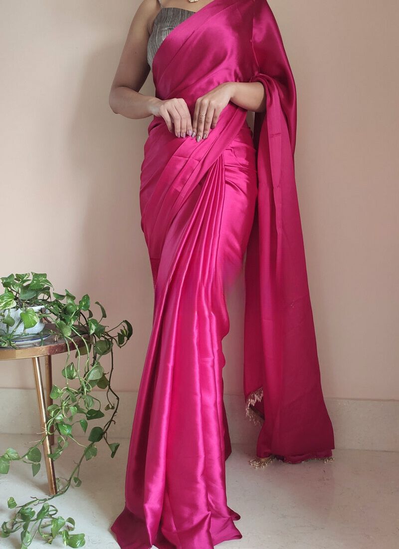 1-Minute Ready To Wear Hot Pink Satin Silk Saree