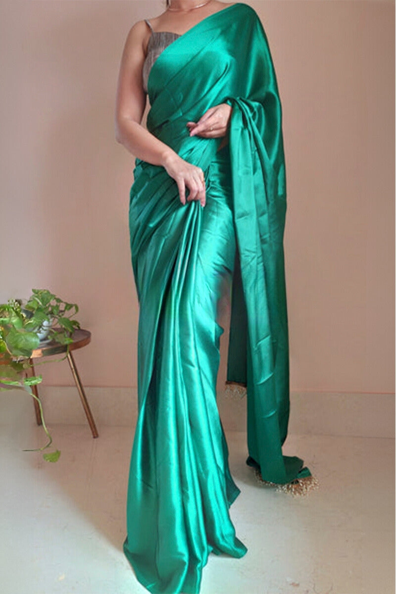 1-Minute Ready To Wear Jade Green Satin Silk Saree