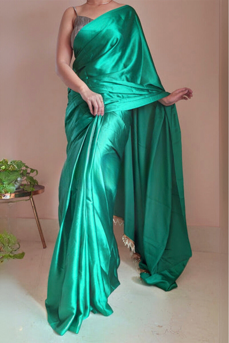 1-Minute Ready To Wear Jade Green Satin Silk Saree