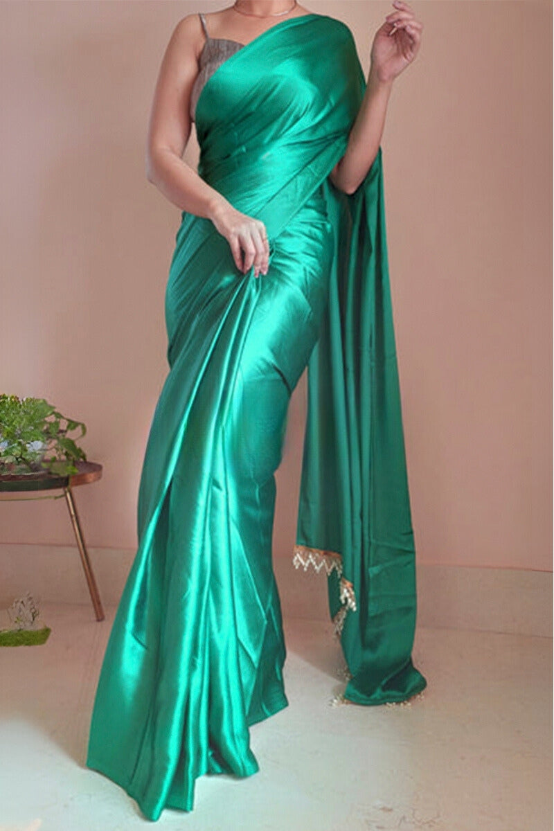 1-Minute Ready To Wear Jade Green Satin Silk Saree