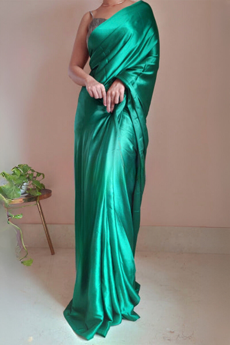 1-Minute Ready To Wear Jade Green Satin Silk Saree