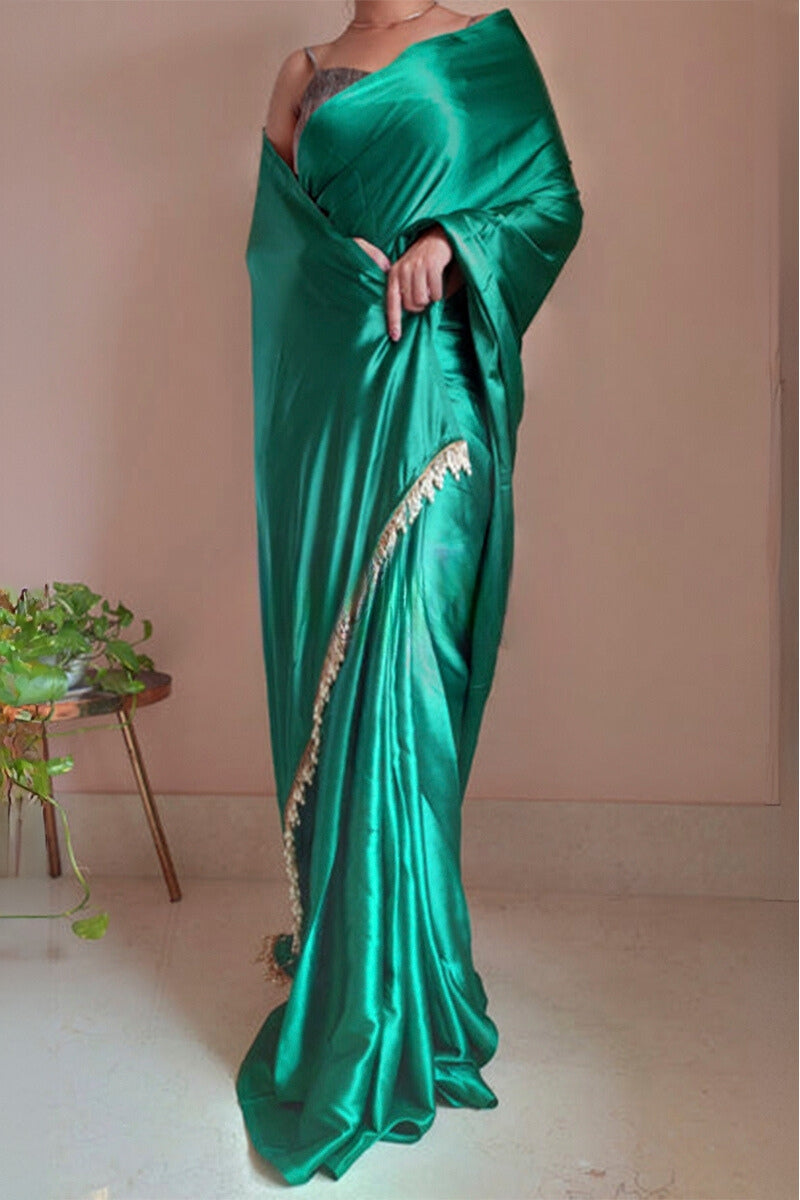 1-Minute Ready To Wear Jade Green Satin Silk Saree