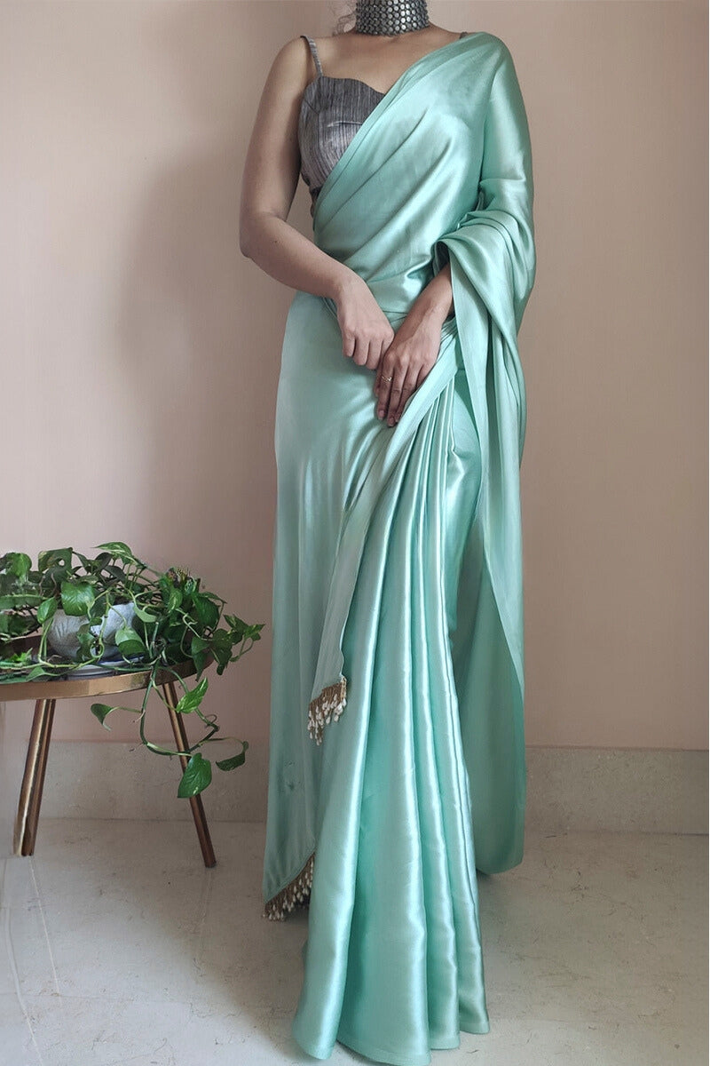 1-Minute Ready To Wear Mint Green Satin Silk Saree