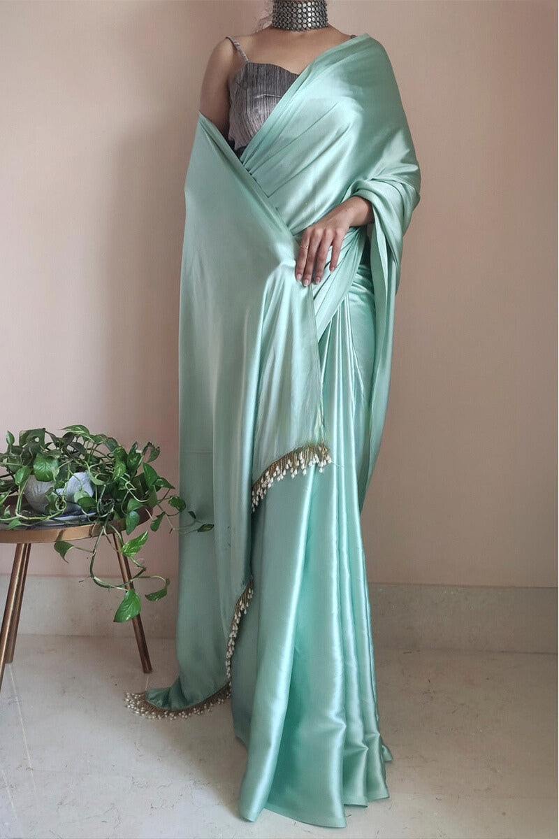 1-Minute Ready To Wear Mint Green Satin Silk Saree