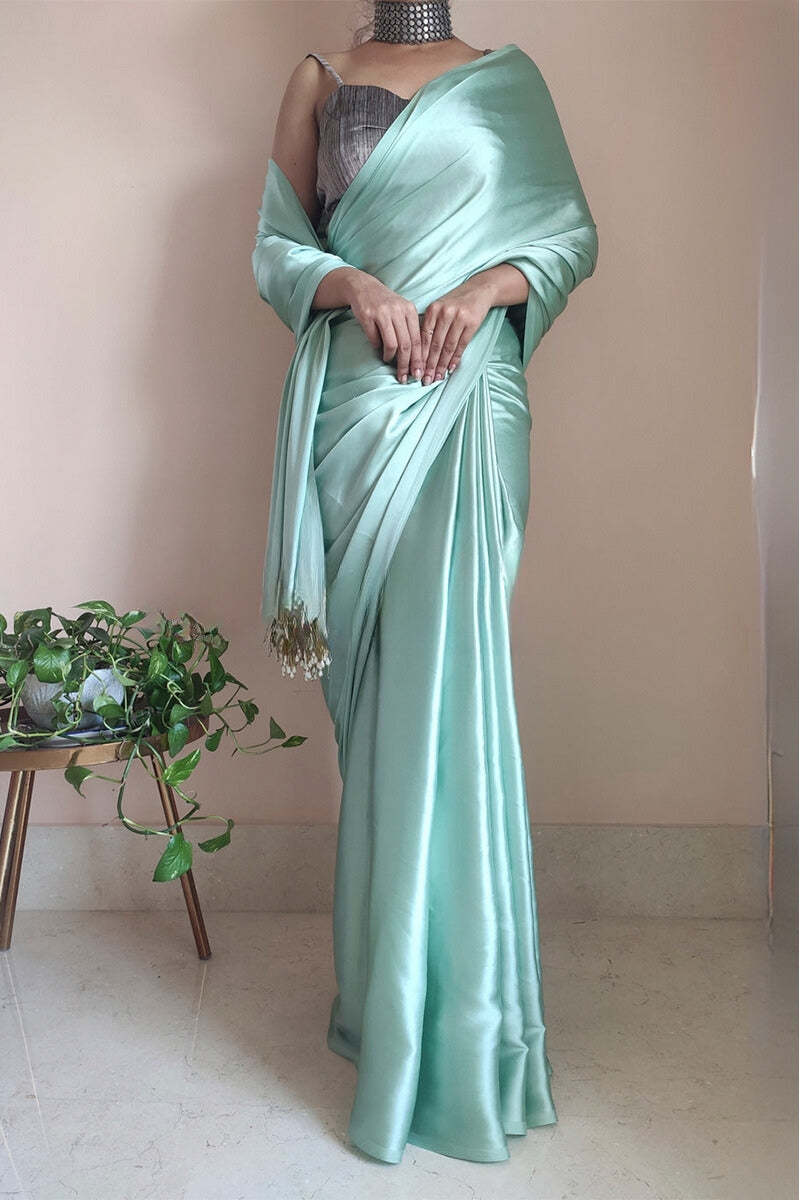 1-Minute Ready To Wear Mint Green Satin Silk Saree