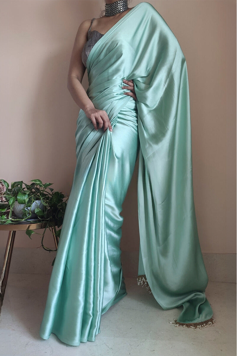 1-Minute Ready To Wear Mint Green Satin Silk Saree