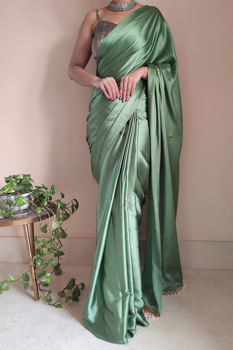 1-Minute Ready To Wear Moss Green Satin Silk Saree