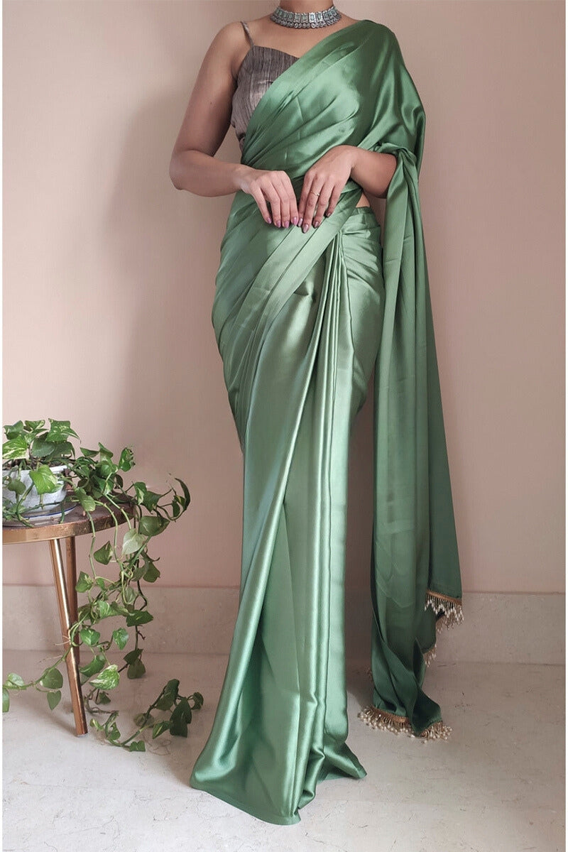 1-Minute Ready To Wear Moss Green Satin Silk Saree