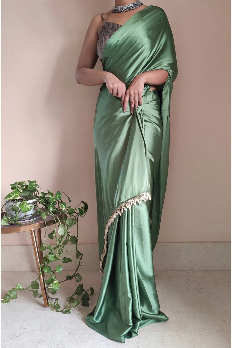 1-Minute Ready To Wear Moss Green Satin Silk Saree