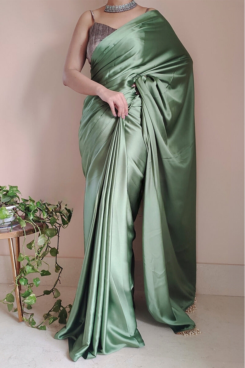 1-Minute Ready To Wear Moss Green Satin Silk Saree