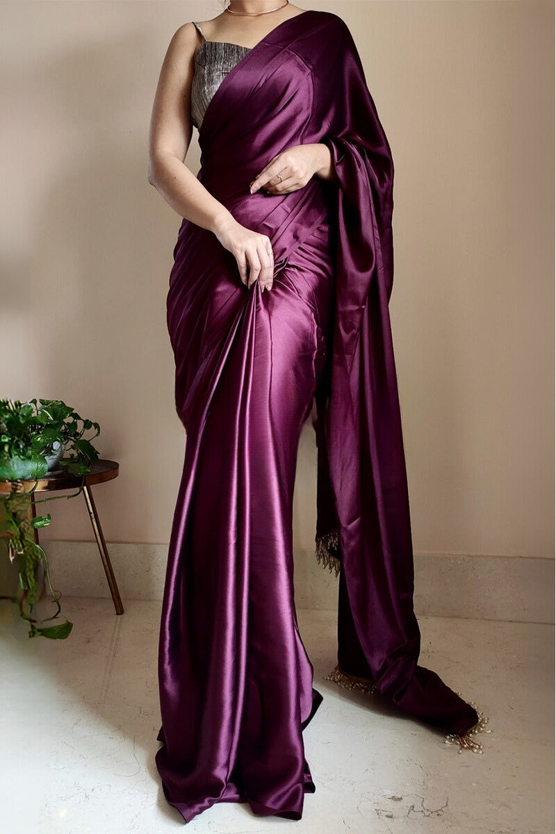 1-Minute Ready To Wear Purple Satin Silk Saree