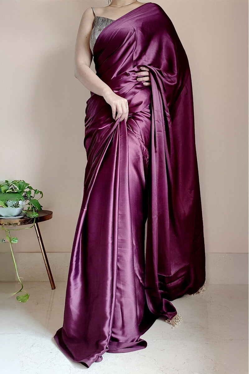 1-Minute Ready To Wear Purple Satin Silk Saree