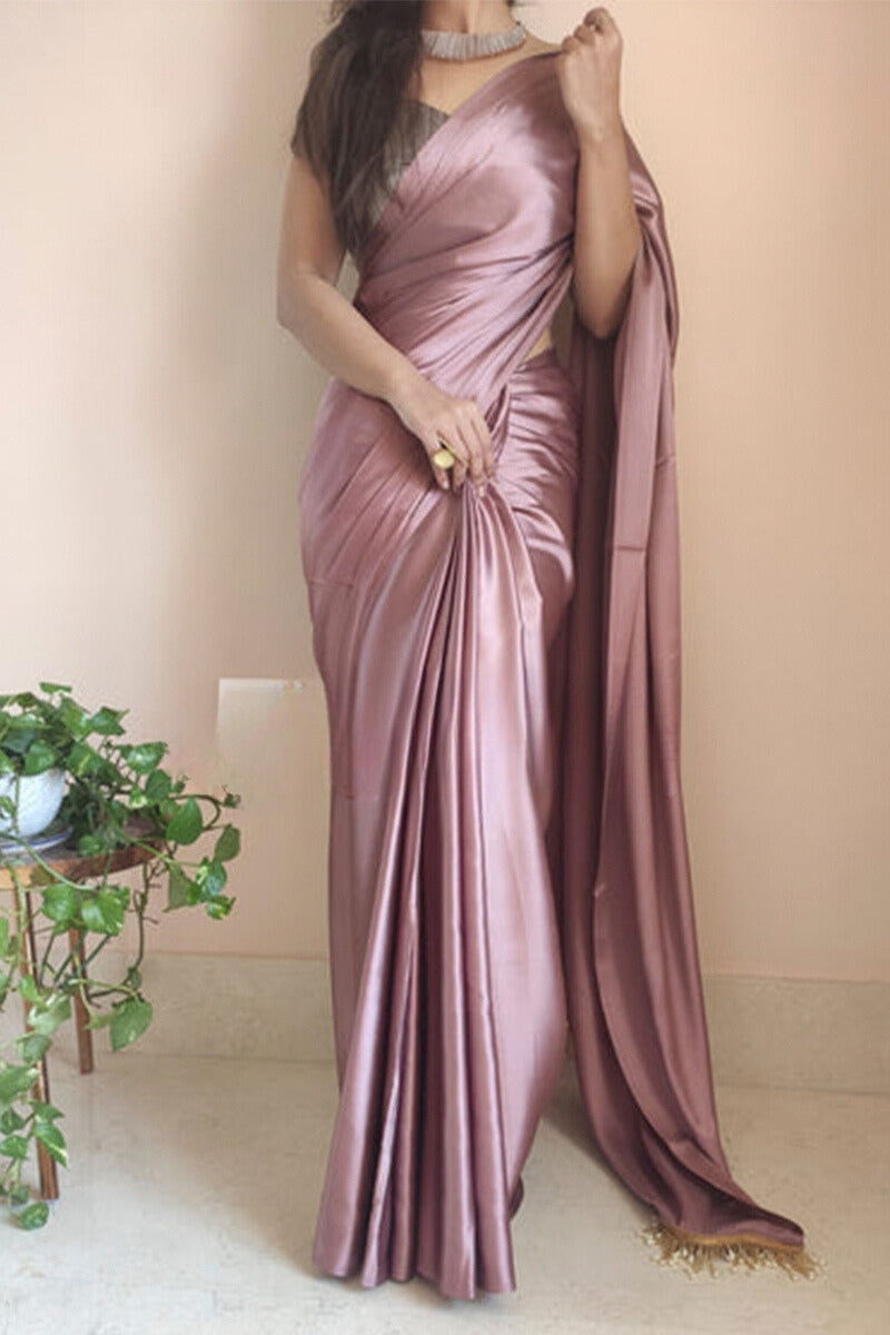 1-Minute Ready To Wear Rose Gold Satin Silk Saree