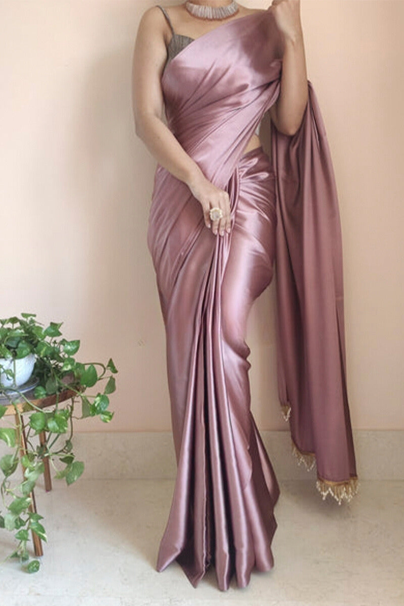 1-Minute Ready To Wear Rose Gold Satin Silk Saree