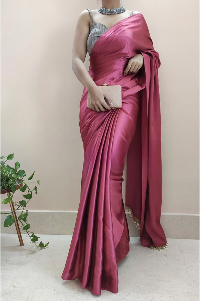 1-Minute Ready To Wear Rose Pink Satin Silk Saree