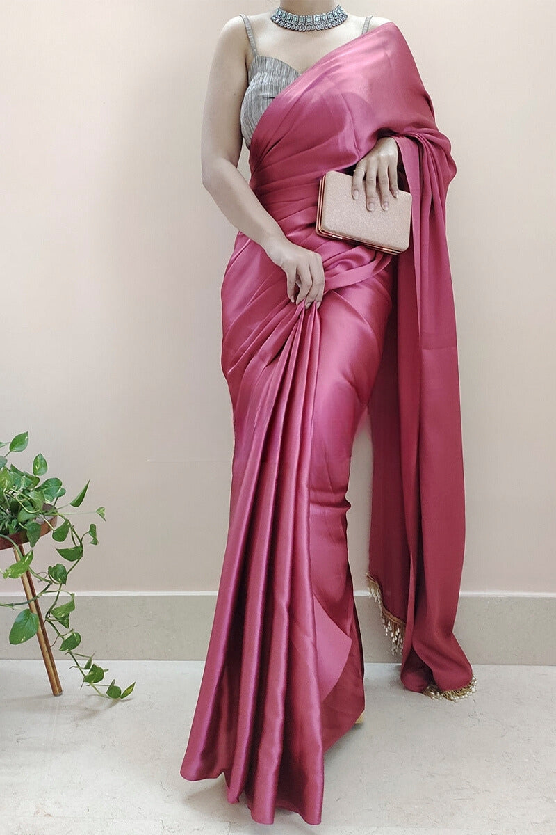 1-Minute Ready To Wear Rose Pink Satin Silk Saree