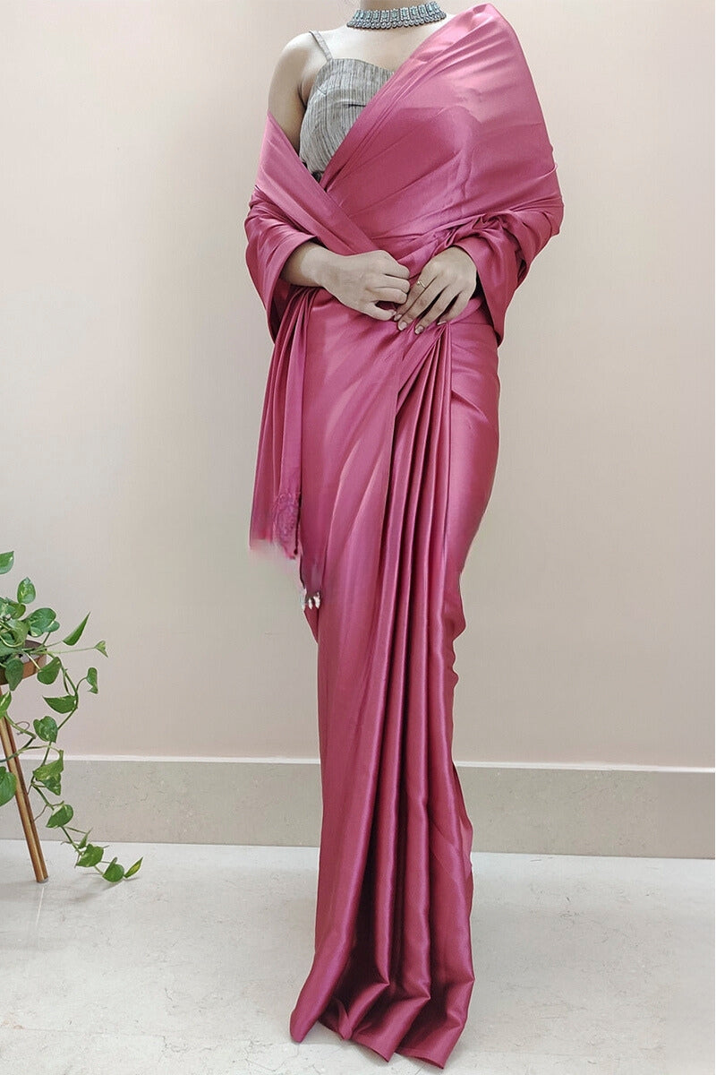 1-Minute Ready To Wear Rose Pink Satin Silk Saree