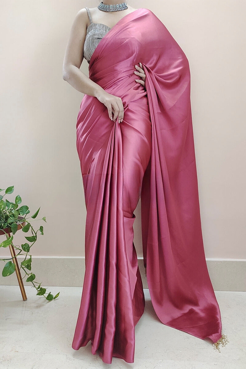 1-Minute Ready To Wear Rose Pink Satin Silk Saree