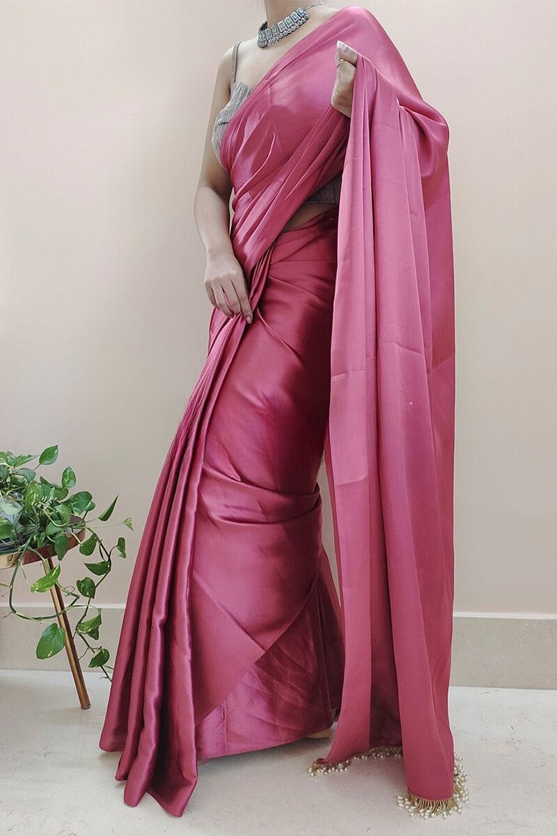 1-Minute Ready To Wear Rose Pink Satin Silk Saree